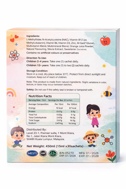 Argenix Neuroglow kids formula box and sachet for brain, cognitive, and speech support, with orange slices, blueberries, and playful cartoon graphics.