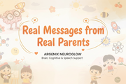 Argenix Neuroglow kids formula box and sachet for brain, cognitive, and speech support, with orange slices, blueberries, and playful cartoon graphics.