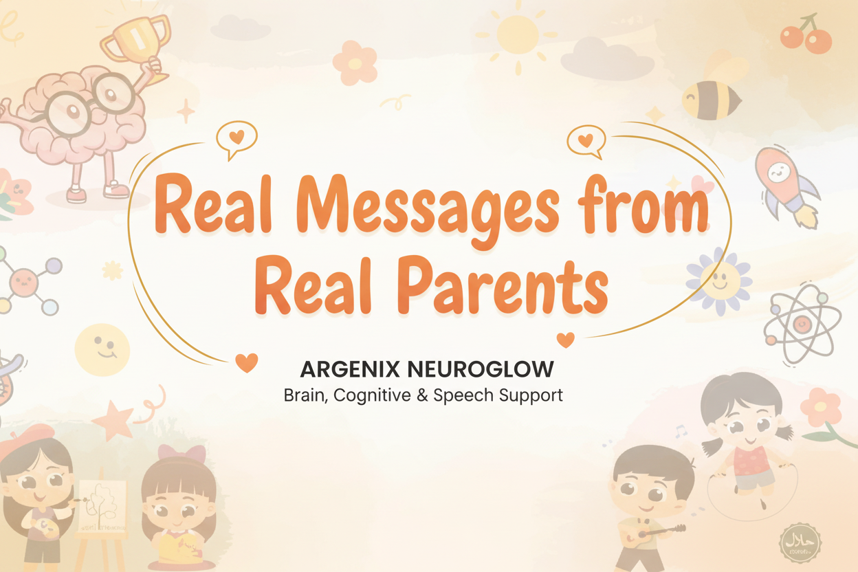 Argenix Neuroglow kids formula box and sachet for brain, cognitive, and speech support, with orange slices, blueberries, and playful cartoon graphics.
