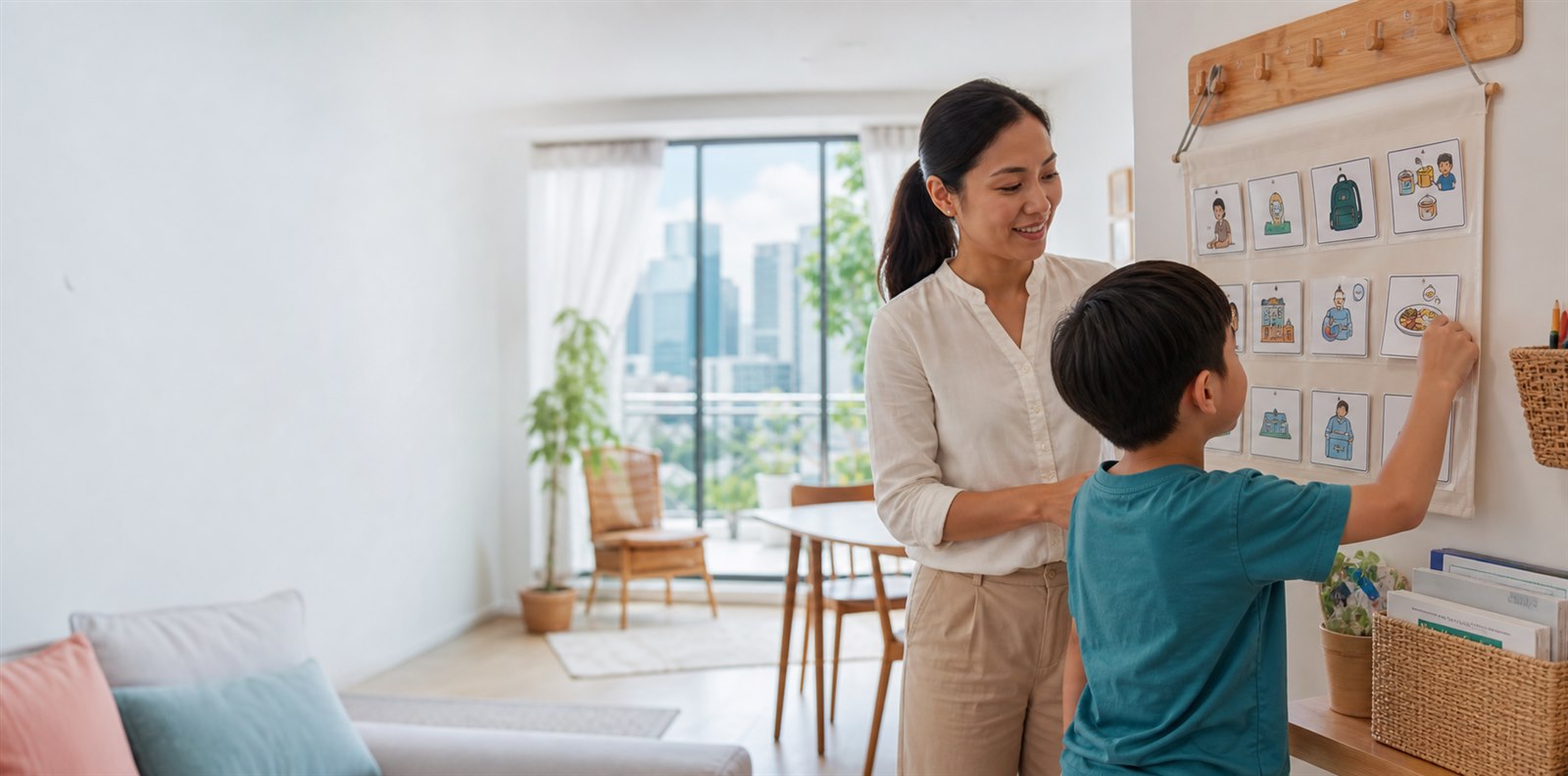 Parent and child reviewing a visual routine at home